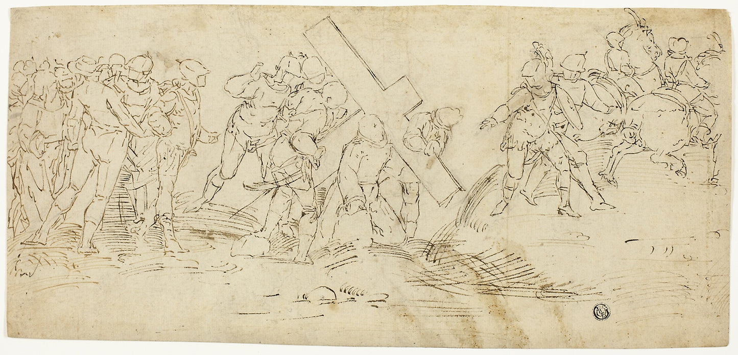 Via Crucis; Christ Falling Beneath the Cross (recto) Sketch of Male Nude (verso) - Follower of Luca Cambiaso, Poster Print Wall Art