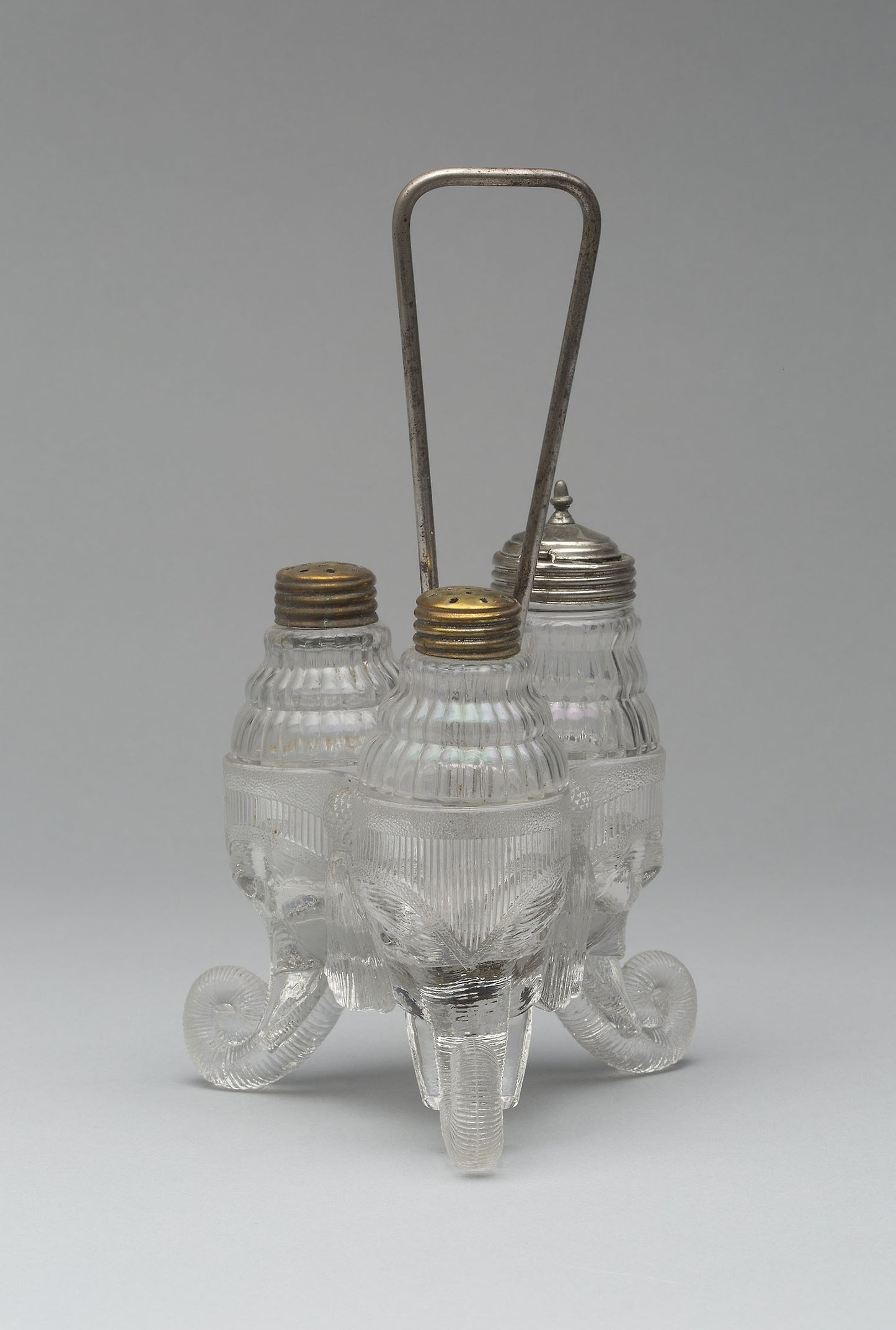Jumbo/Elephant pattern cruet stand with three bottles - Attributed to Canton Glass Company, Poster Print Wall Art