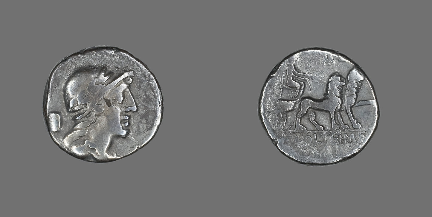 Denarius (Coin) Depicting a Helmeted Head - Roman, Poster Print Wall Art