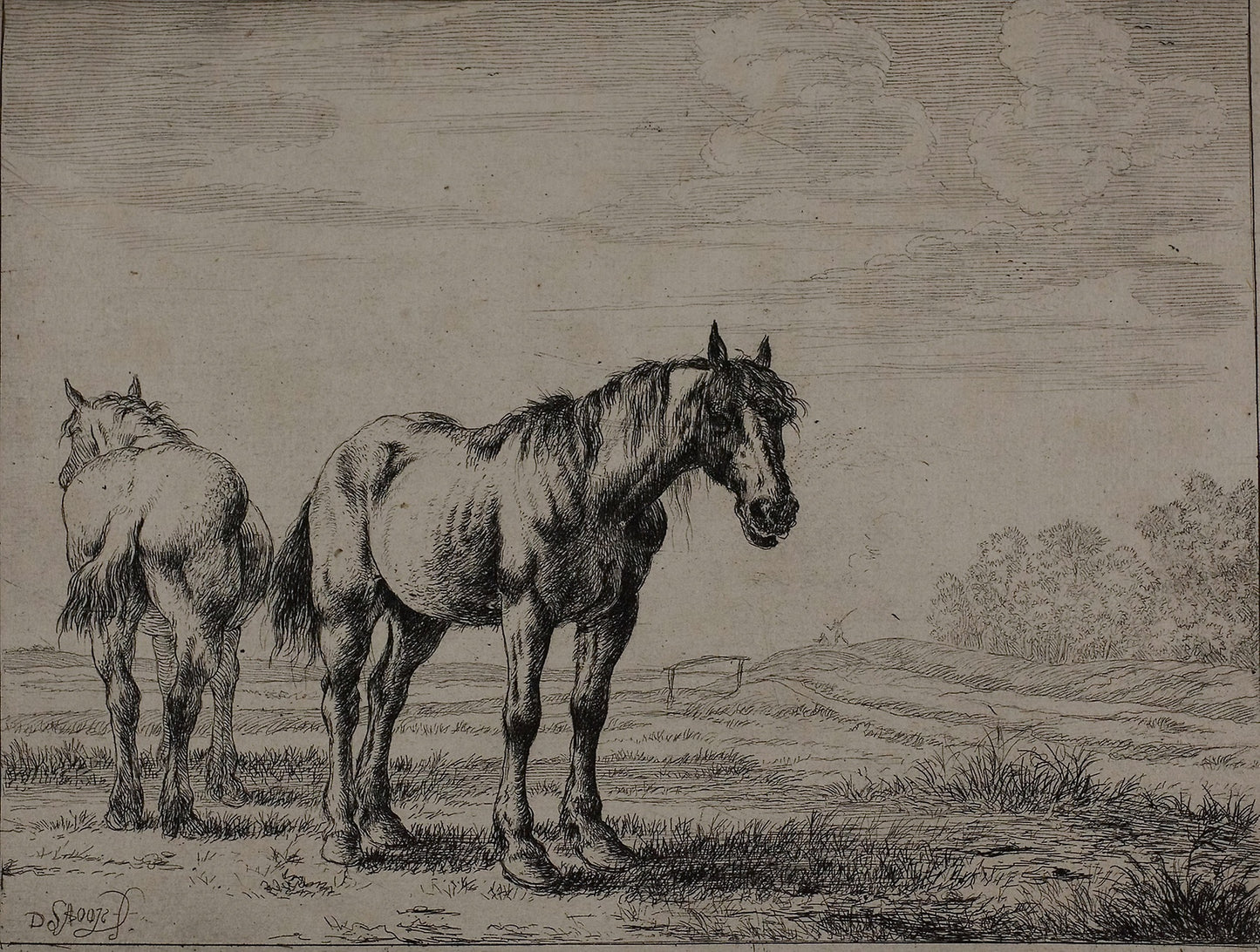 Two Plough Horses, plate seven from Series of Horses - Dirck Stoop, Poster Print Wall Art