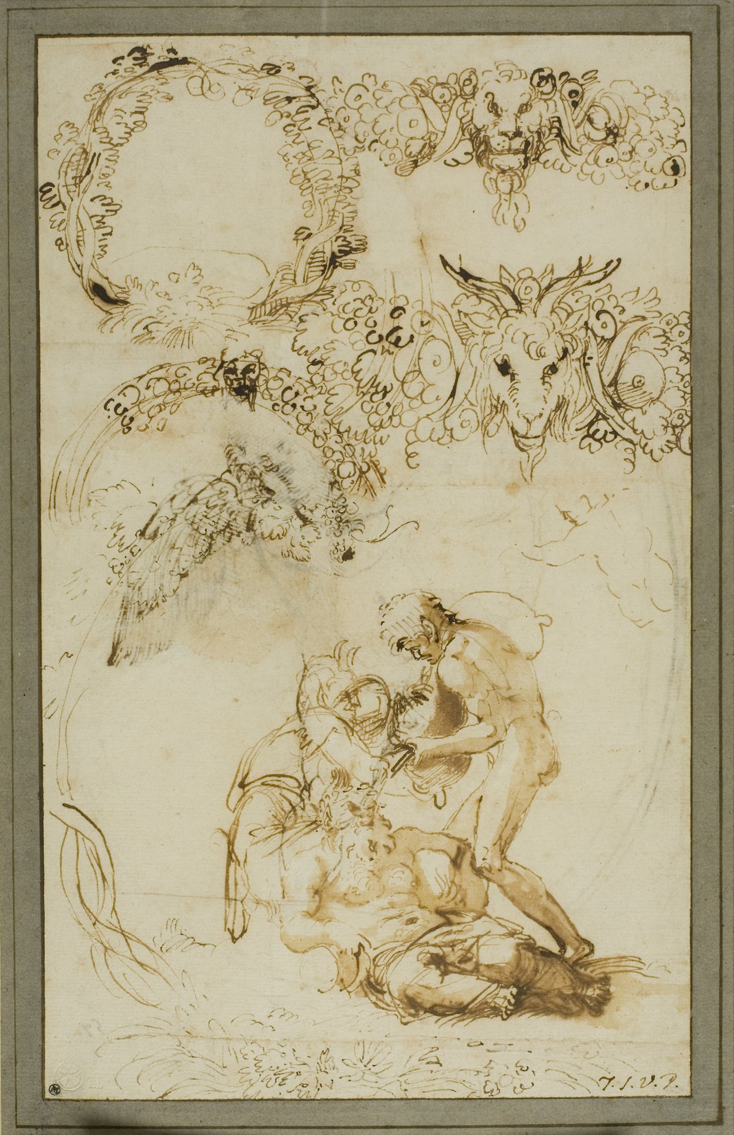 Drunken Silenus and Decorative Sketches - Studies for the Tazza Farnese (recto); Two Putti Fighting - Study for the Galleria Farnese (verso) - Annibale Carracci, Poster Print Wall Art