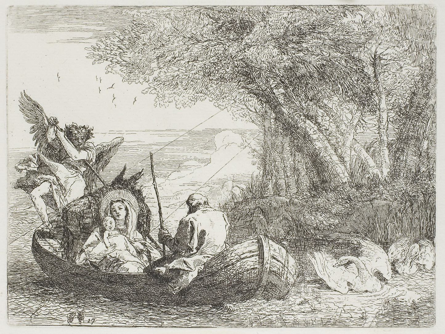 The Holy Family Crossing the Lake in the Boat, plate seventeen from The Flight into Egypt - Giovanni Domenico Tiepolo, Poster Print Wall Art