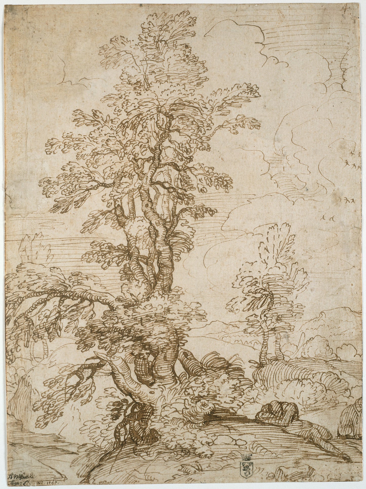 Landscape with Man Sleeping beneath Tree (recto); Landscape with a Horseman (verso) - Annibale Carracci, Poster Print Wall Art