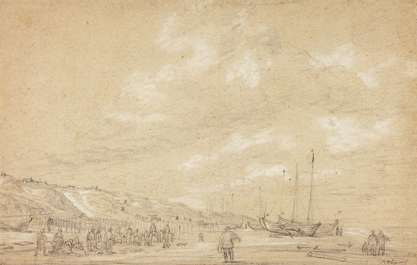 Fishermen Drying Nets on Scheveningen Beach - Simon de Vlieger, Poster Print Wall Art