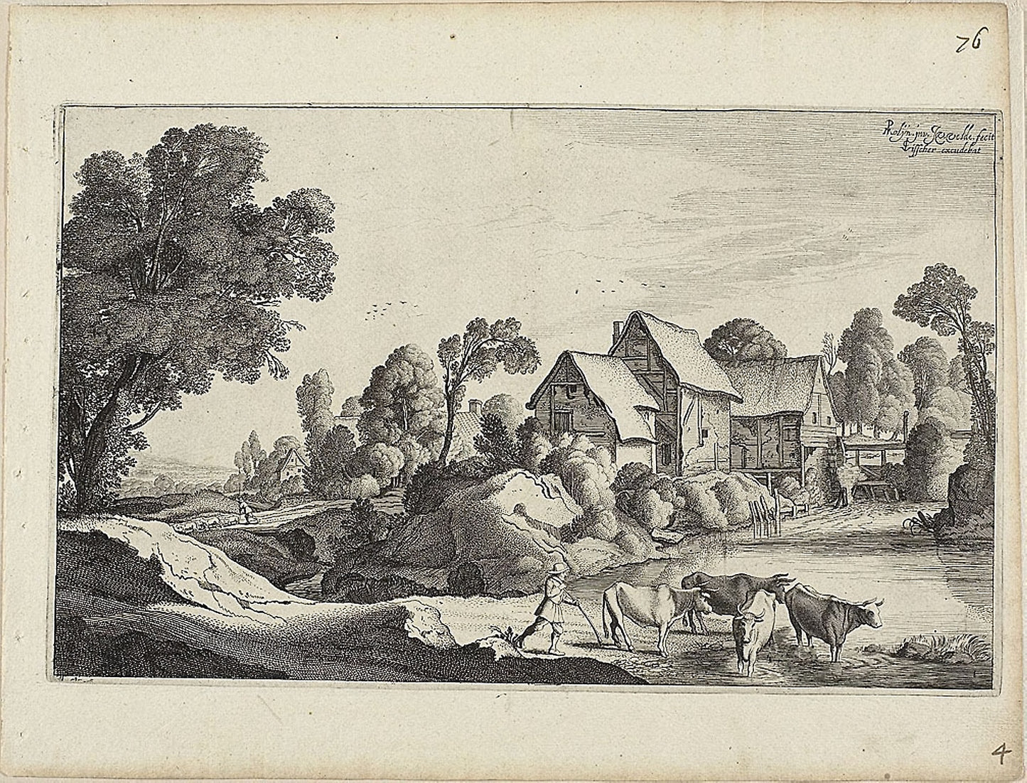 Herd of Cattle at a Ford Near a Watermill - Jan van de Velde II (Dutch, c. 1593-1641), Poster Print Wall Art