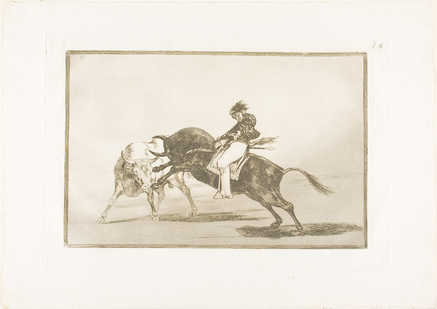 The Same Ceballos, Mounted on Another Bull, Breaks Short Spears in the Ring at Madrid, plate 24 from The Art of Bullfighting - Francisco José de Goya y Lucientes, Poster Print Wall Art