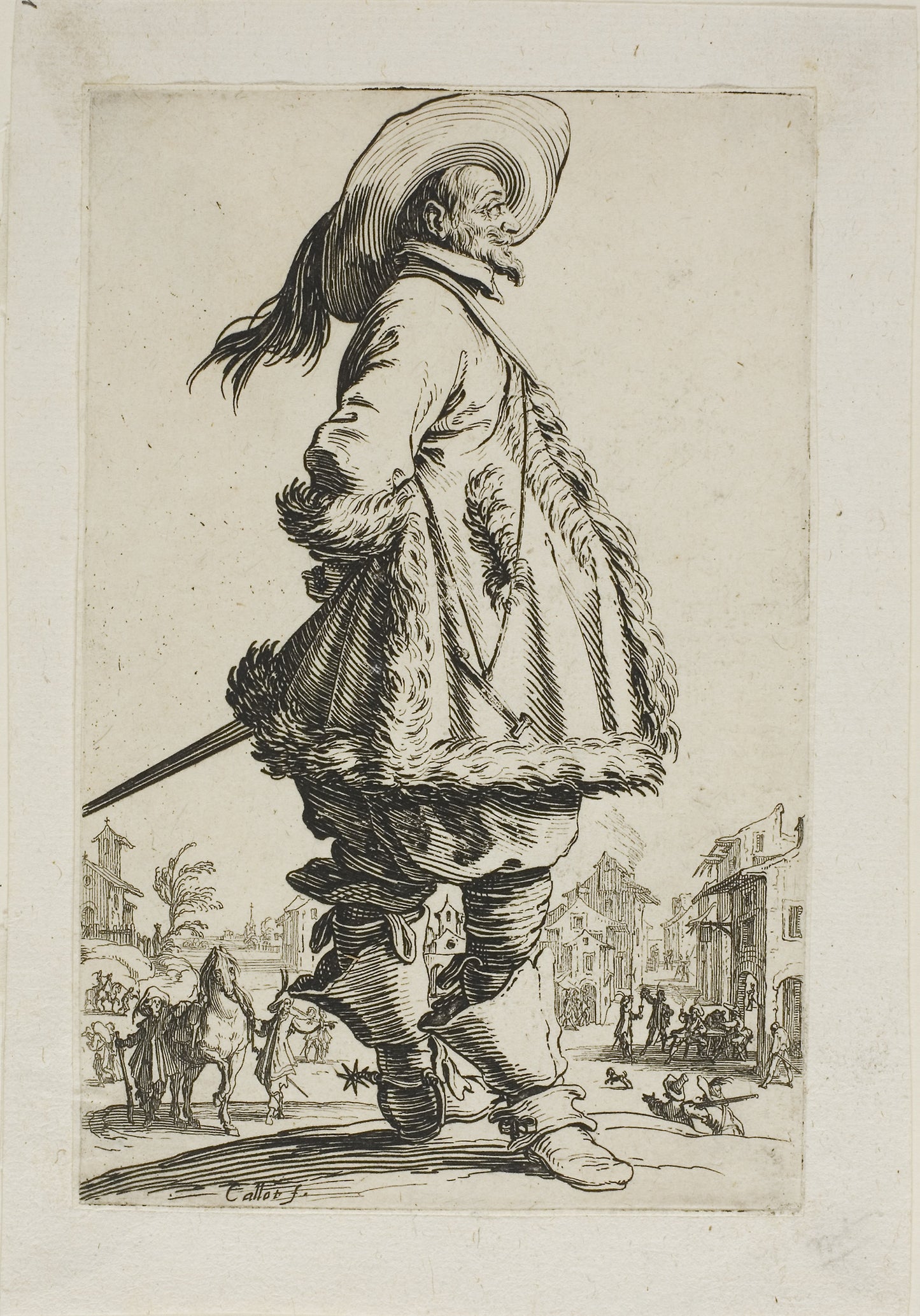The Gentleman in a Fur-Trimmed Mantle, Holding his Hands Behind his Back, plate seven from La Noblesse - Jacques Callot, Poster Print Wall Art