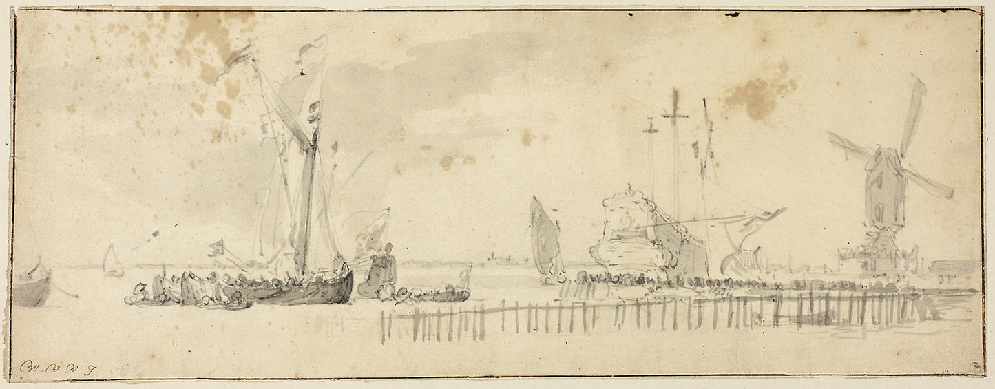 Sailing Ships in Harbor near Windmill - Willem van de Velde, II, Poster Print Wall Art