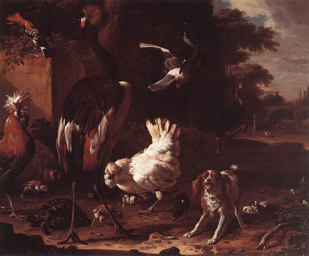 Birds and a Spaniel in a Garden, vintage artwork by Melchior d'Hondecoeter, 12x8" (A4) Poster