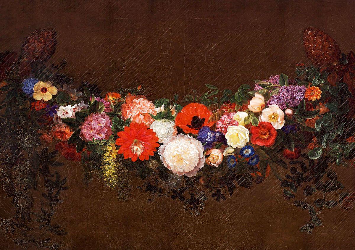 Garland with peonies, roses, poppies, lilacs and laburnum, vintage artwork by Johan Laurentz (J.L.) Jensen, A3 (16x12") Poster Print