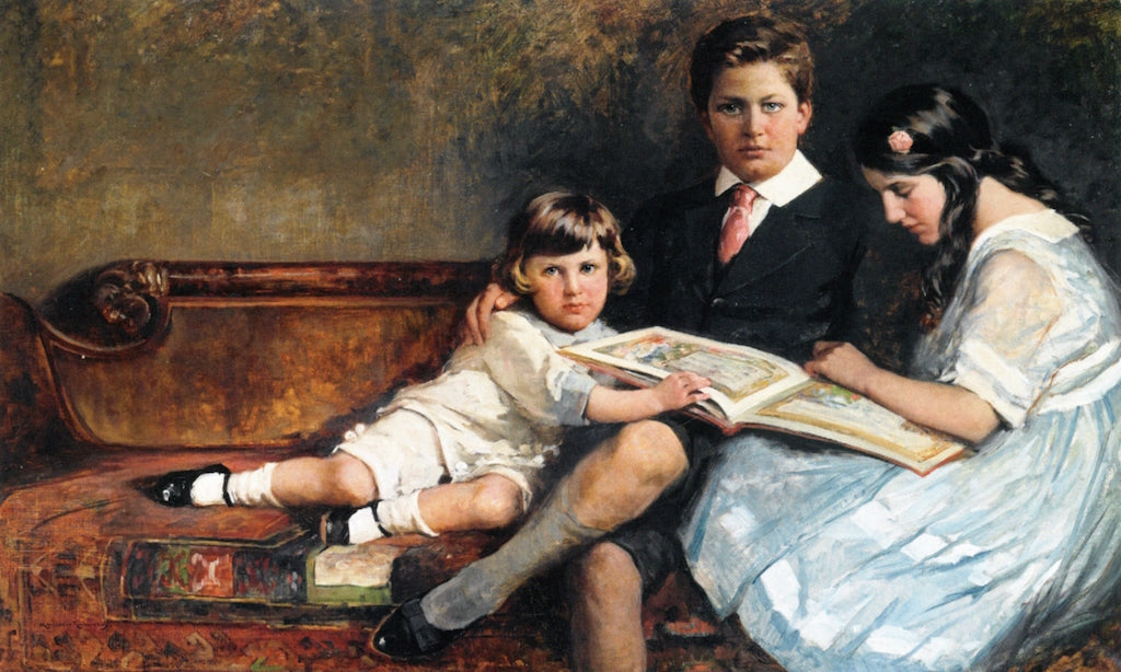 Three Children Reading, vintage artwork by Mary Curtis Richardson, 12x8" (A4) Poster