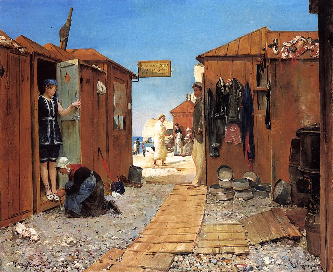 Beach at Etretat, vintage artwork by Henry Bacon, 12x8" (A4) Poster