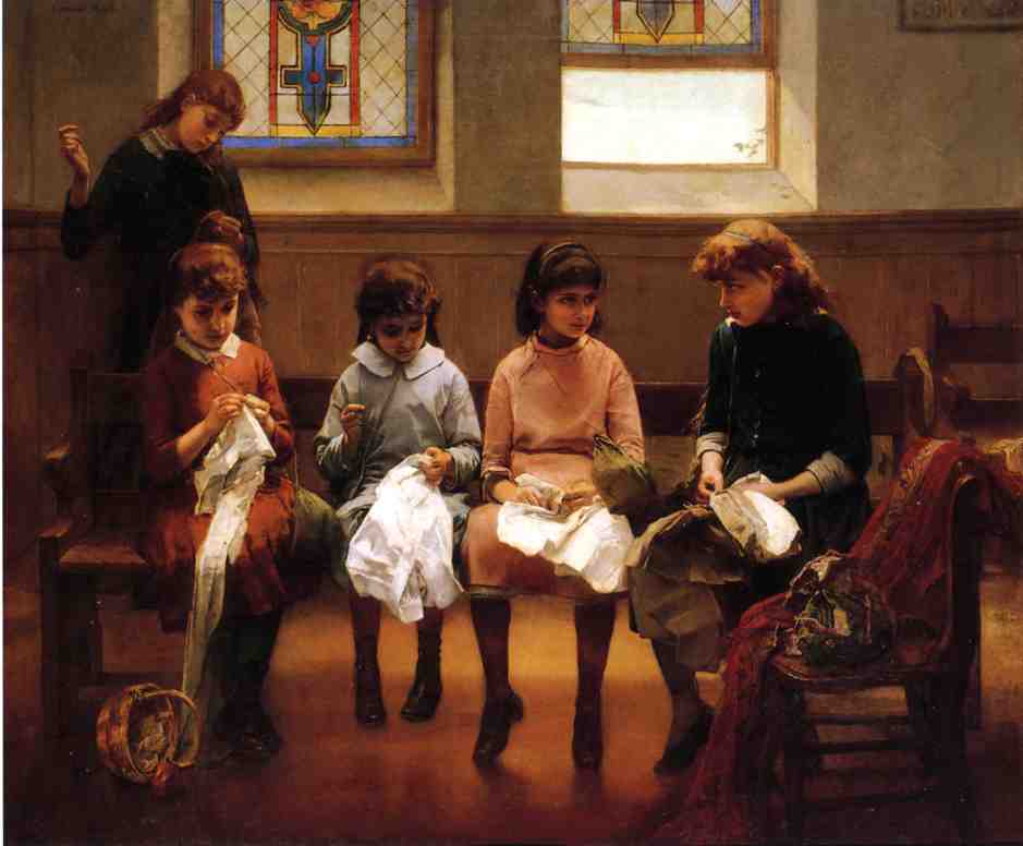 The Sewing School, vintage artwork by Constant Mayer, 12x8" (A4) Poster