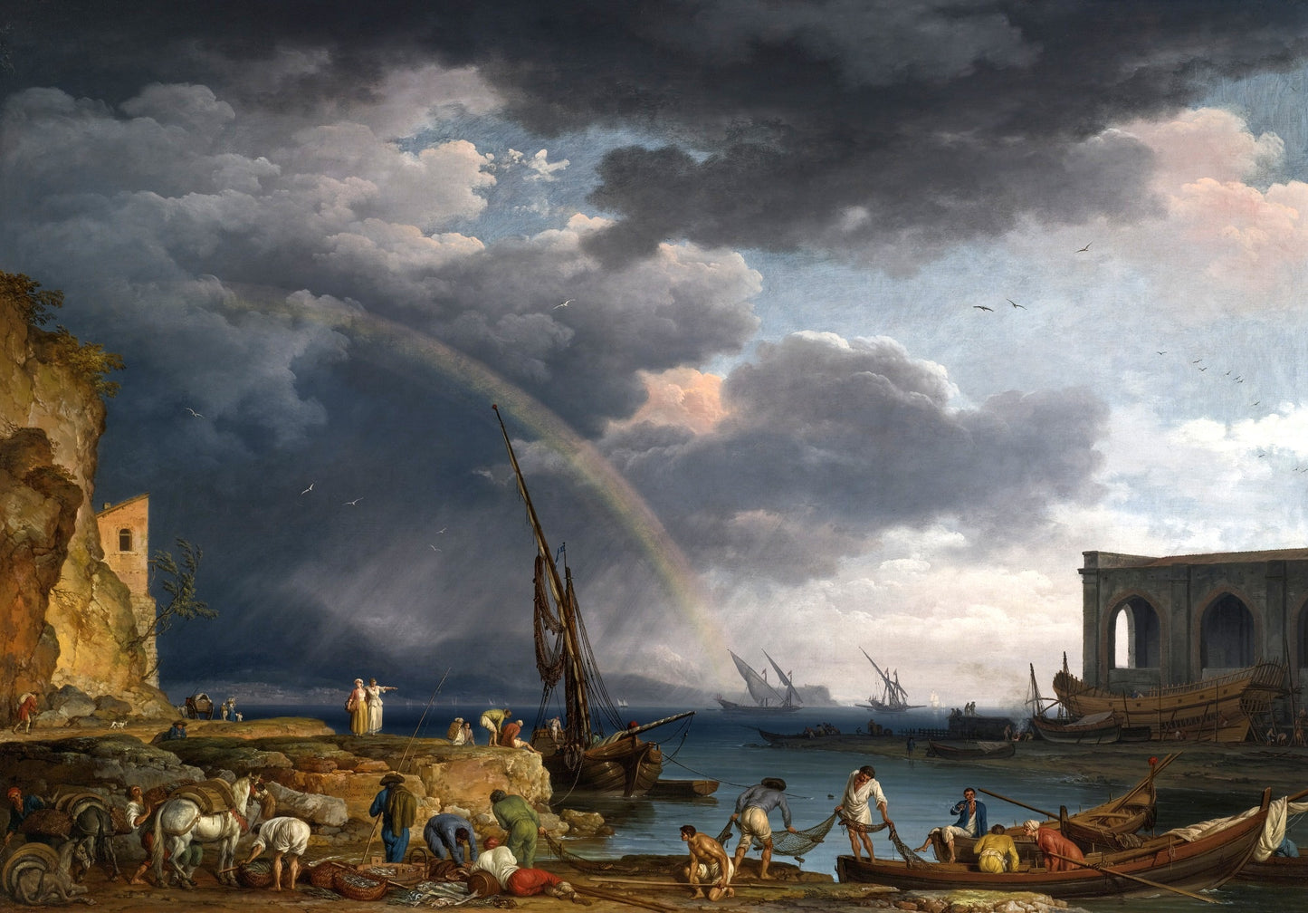 The Rainbow, an Italianate Coastal View with a Rainbow, Peasants at an Inlet in the Foreground, vintage artwork by Claude-Joseph Vernet, 12x8" (A4) Poster