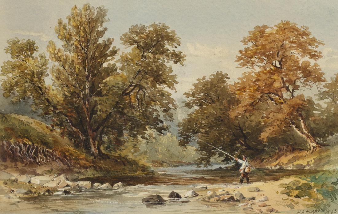 Fly Fishing in a Mountainous Landscape, vintage artwork by Henry Andrew Harper, 12x8" (A4) Poster