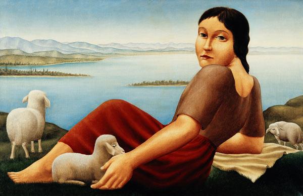 Girl with sheep, vintage artwork by Georg Schrimpf, 12x8" (A4) Poster