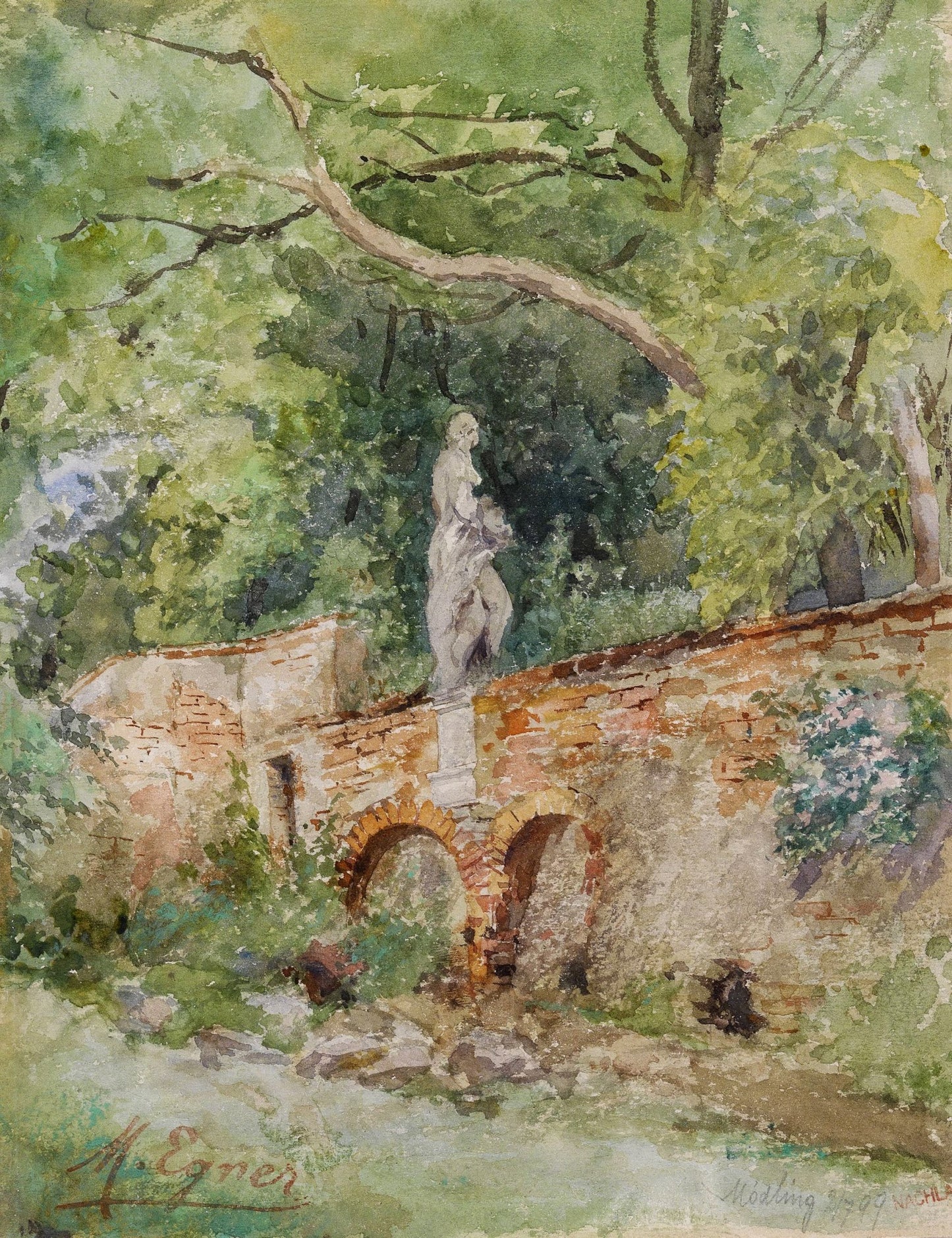Bridge with a Stone Figure, vintage artwork by Marie Egner, 12x8" (A4) Poster