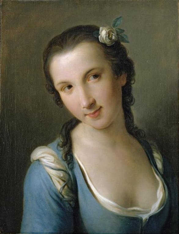 A Girl in a Blue Dress, vintage artwork by Pietro Antonio Rotari, 12x8" (A4) Poster