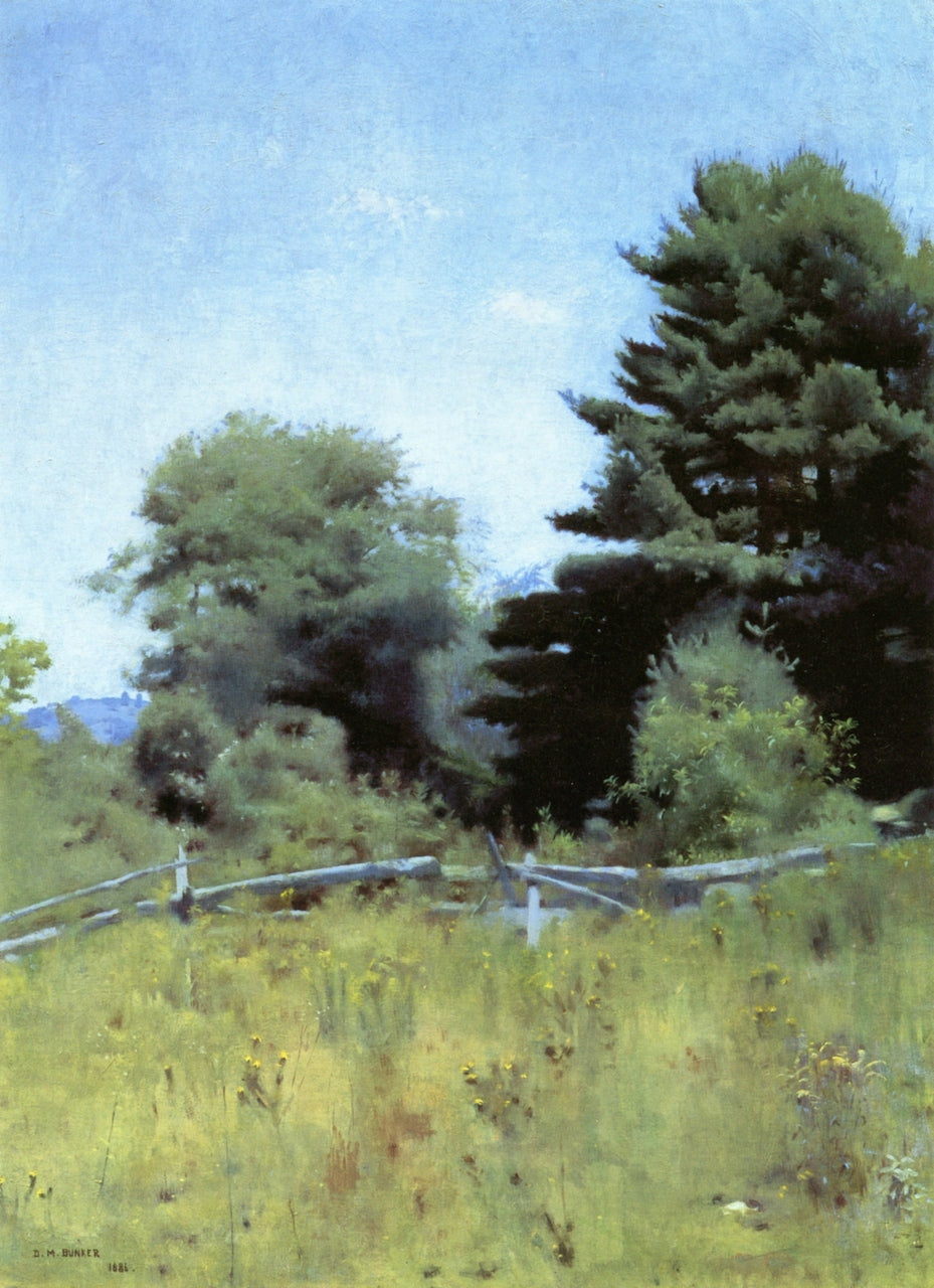 Pines Beyond the Fence, vintage artwork by Dennis Miller Bunker, 12x8" (A4) Poster