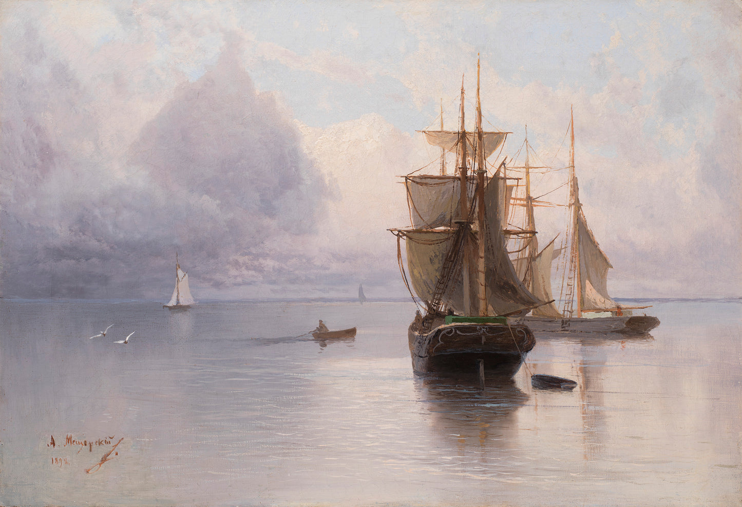 Ship at Sea, vintage artwork by Arseny Meschersky, 12x8" (A4) Poster