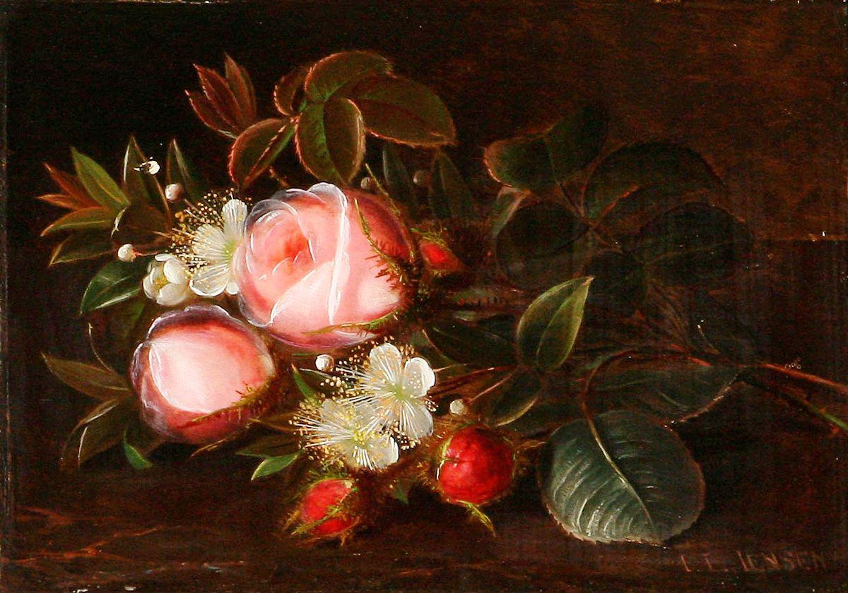 A bouquet of pink roses and hawthorn on a table, vintage artwork by Johan Laurentz (J.L.) Jensen, A3 (16x12") Poster Print