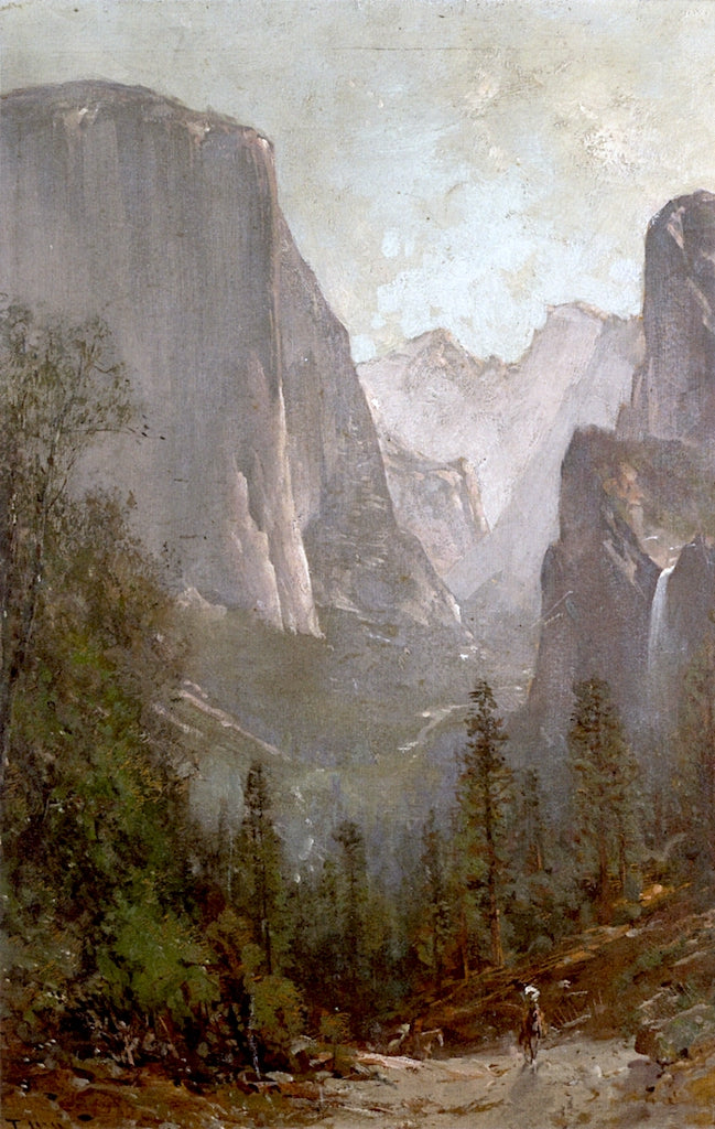 Riders Leaving the Yosemite Valley with El Capitan and Bridal Veil Falls beyond, vintage artwork by Thomas Hill, 12x8" (A4) Poster