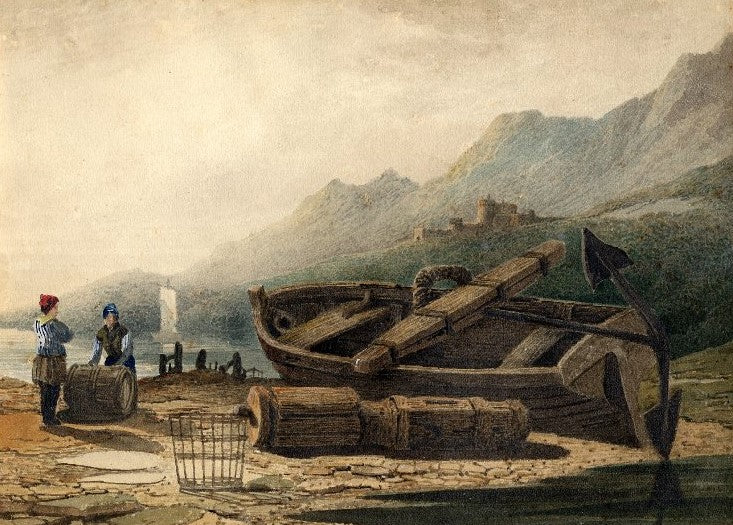 Coast scene with boats and an anchor, vintage artwork by Samuel Prout, 12x8" (A4) Poster