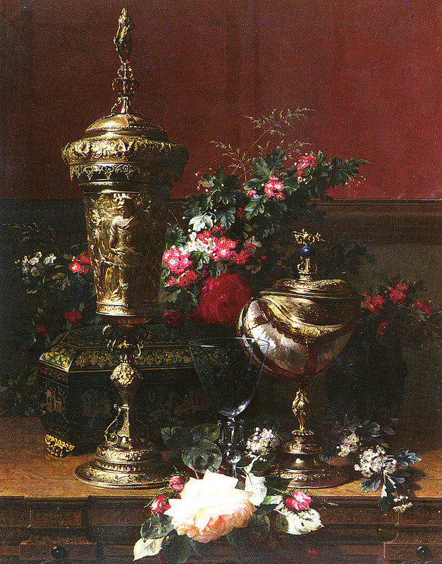 A Still Life with a German Cup, a Nautilus Cup, a Goblet and Cut Flowers, vintage artwork by Jean Baptiste Robie, A3 (16x12") Poster Print