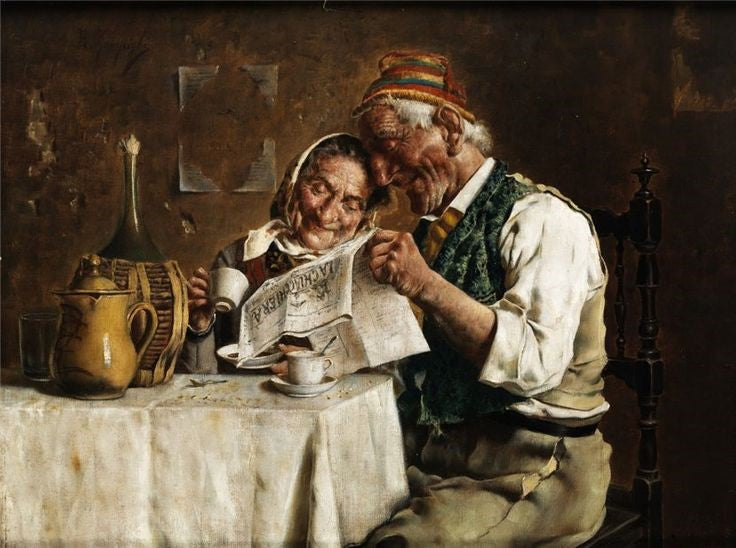 Elderly couple reading the newspaper by Eugenio Zampighi,A3(16x12")Poster