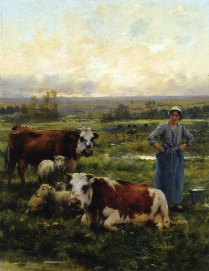 A Shepherdess with Cows and Sheep in a Landscape, vintage artwork by Julien Dupre, 12x8" (A4) Poster