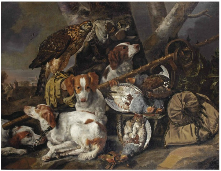 A hunting still life of partridges with four Springer spaniels, a hawk, a game-bag and belt, vintage artwork by Carstian Luyckx, 12x8" (A4) Poster