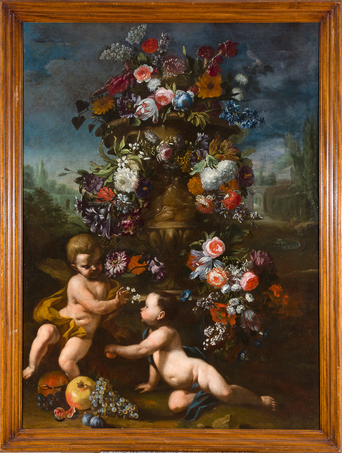 Flower pot with two putti and fruit, vintage artwork by Carel de Vogelaer, 12x8" (A4) Poster