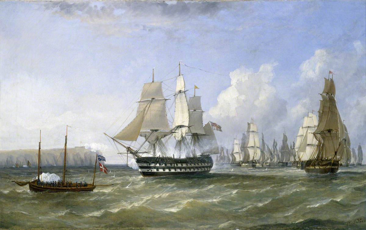 HMS 'Warrior' Protecting a Convoy Passing Reefness, September 1807, vintage artwork by William Adolphus Knell, A3 (16x12") Poster Print