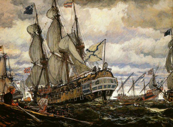 Ships of the Times of Peter I, vintage artwork by Evgeny Lanceray, 12x8" (A4) Poster