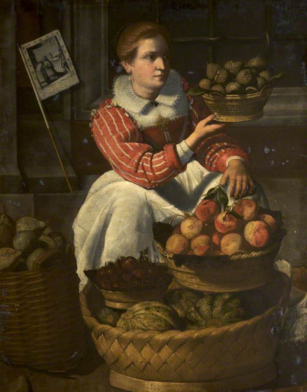 A Woman Selling Fruit with a Pilgrimage Banner, vintage artwork by Italian School 17th Century - Unknown, 12x8" (A4) Poster