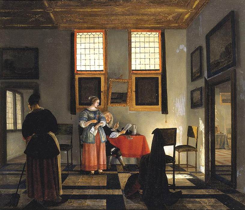 Interior with Seated Figures, vintage artwork by Pieter Janssens Elinga, 12x8" (A4) Poster