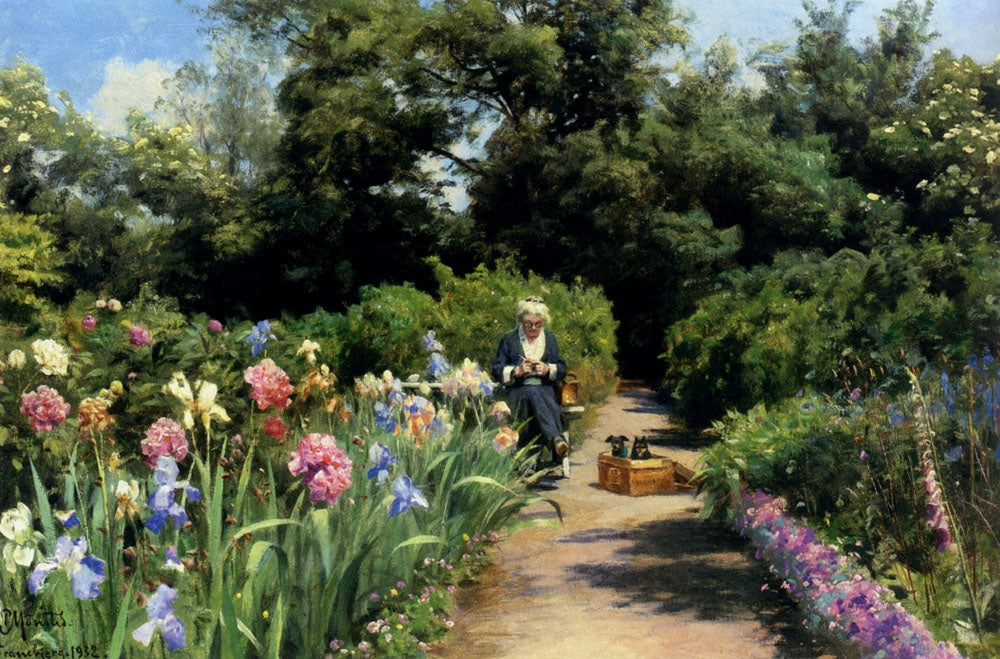 Knitting in the Garden, vintage artwork by Peder Mork Mønsted, 12x8" (A4) Poster