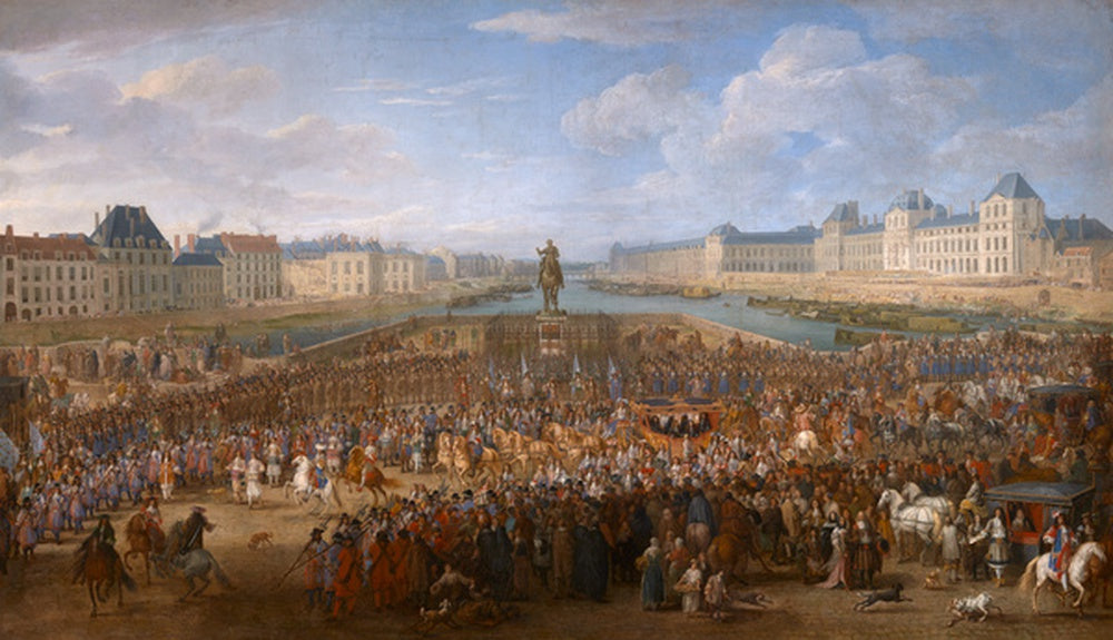 March of the King accompanied by his guards passing over the Pont-Neuf and going to the Palais, vintage artwork by Adam Frans van der Meulen, 12x8" (A4) Poster