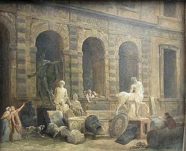 The Director of Antiquities infront of the Petite Galerie, vintage artwork by Hubert Robert, 12x8" (A4) Poster