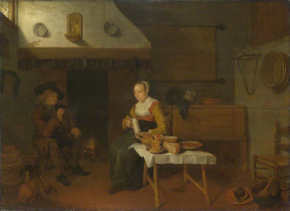 An Interior with a Man and a Woman Seated by the Fire, vintage artwork by Quiringh van Brekelenkam, 12x8" (A4) Poster