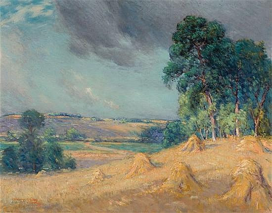Haystacks in a Landscape, vintage artwork by Dawson Dawson-Watson, 12x8" (A4) Poster