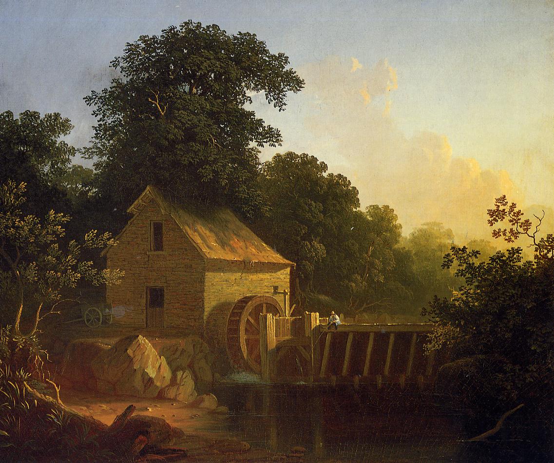 Landscape with Waterwheel and Boy Fishing, vintage artwork by George Caleb Bingham, A3 (16x12") Poster Print
