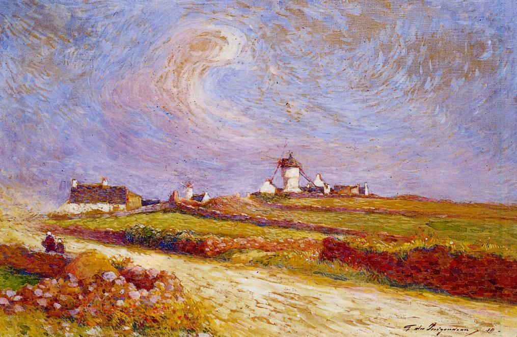 Countryside with Windmill, near Batz, vintage artwork by Ferdinand du Puigaudeau, 12x8" (A4) Poster