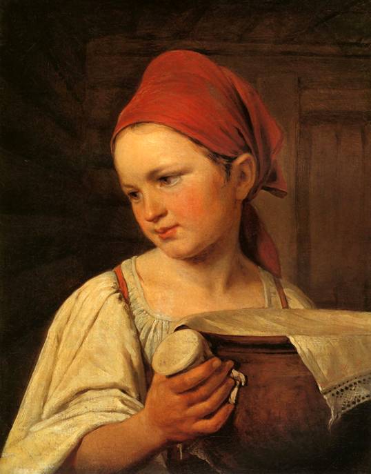 Peasant Girl with Milk, vintage artwork by Alexei Venetsianov, 12x8" (A4) Poster