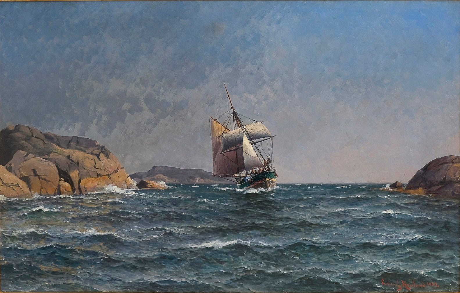 Sailing ship at the rocky coast, vintage artwork by Lauritz Haaland, 12x8" (A4) Poster