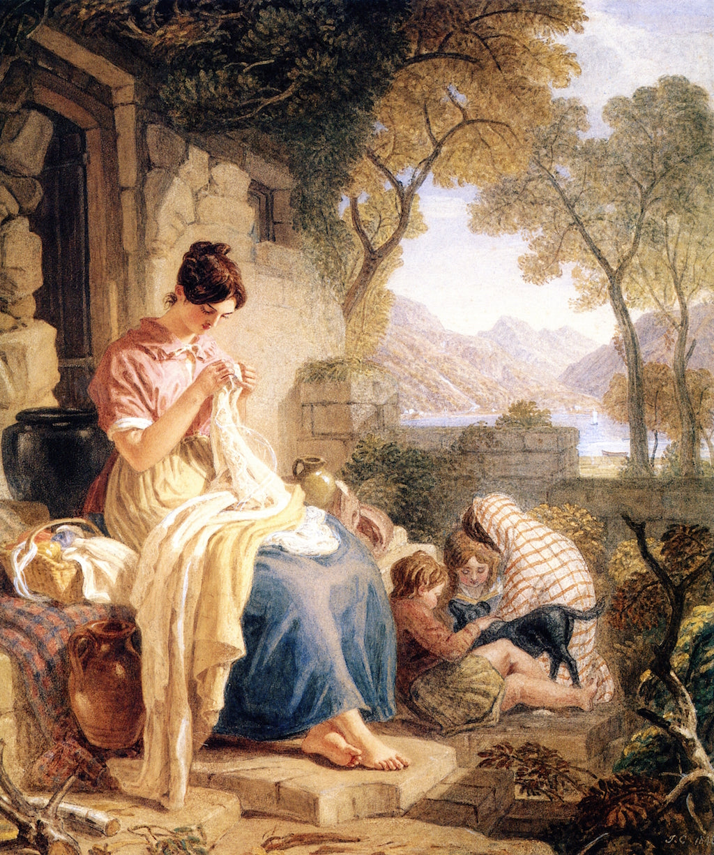 A Scottish Peasant Girl Embroidering Muslin at Luss, Loch Lomond, vintage artwork by Joshua Cristall, 12x8" (A4) Poster