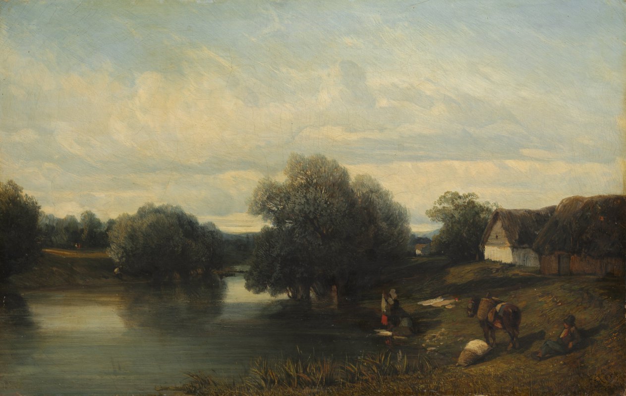 Cottage by the River with Washerwoman, vintage artwork by Camille Flers, A3 (16x12") Poster Print