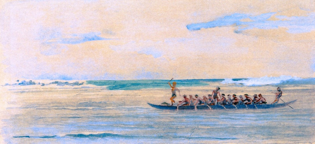 Canoe going from up the coast to Apia to a big Talolo, or official presentation of food, Jan. 1891, vintage artwork by John La Farge, 12x8" (A4) Poster