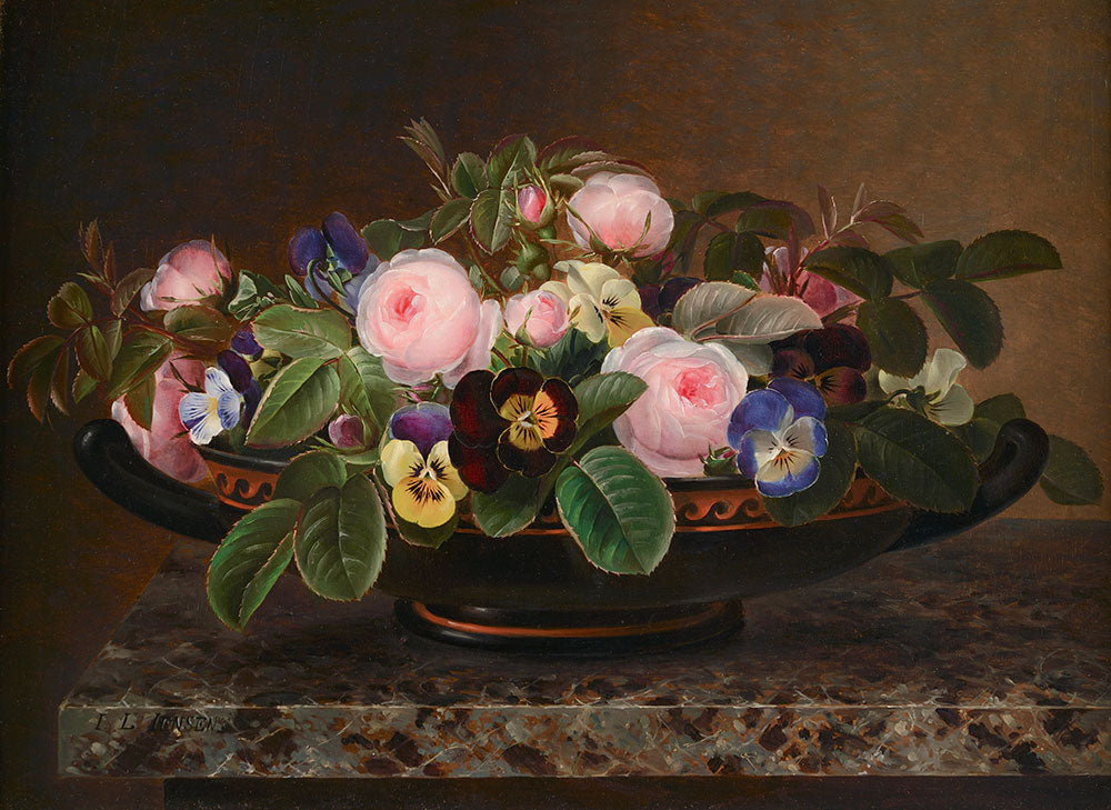 Roses and Pansies in a Greek Kylix, vintage artwork by Johan Laurentz (J.L.) Jensen, A3 (16x12") Poster Print