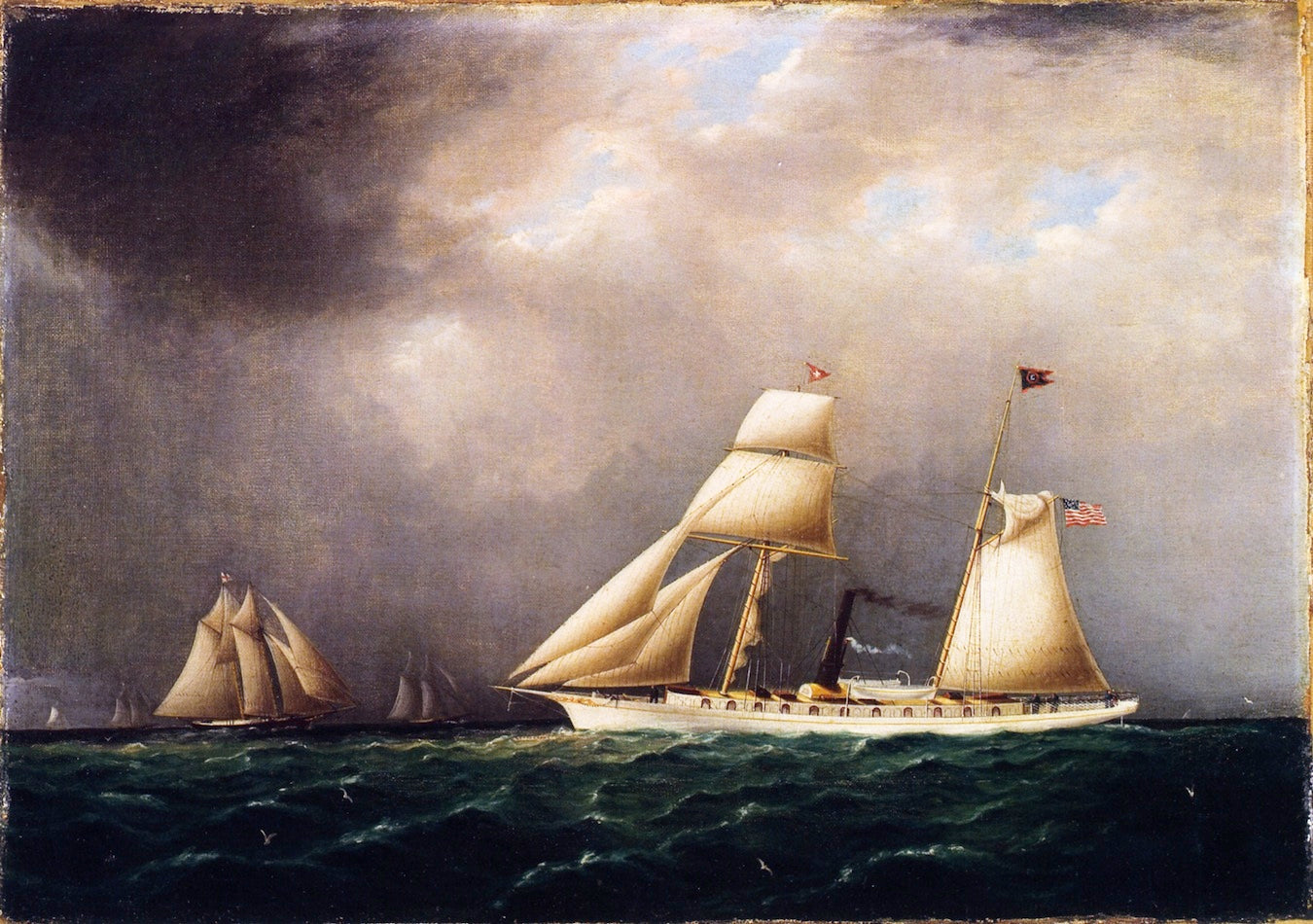 American Steam-Sail Yacht 'Emily' at Sea with Four Schooners off Bow, vintage artwork by James E. Buttersworth, A3 (16x12") Poster Print